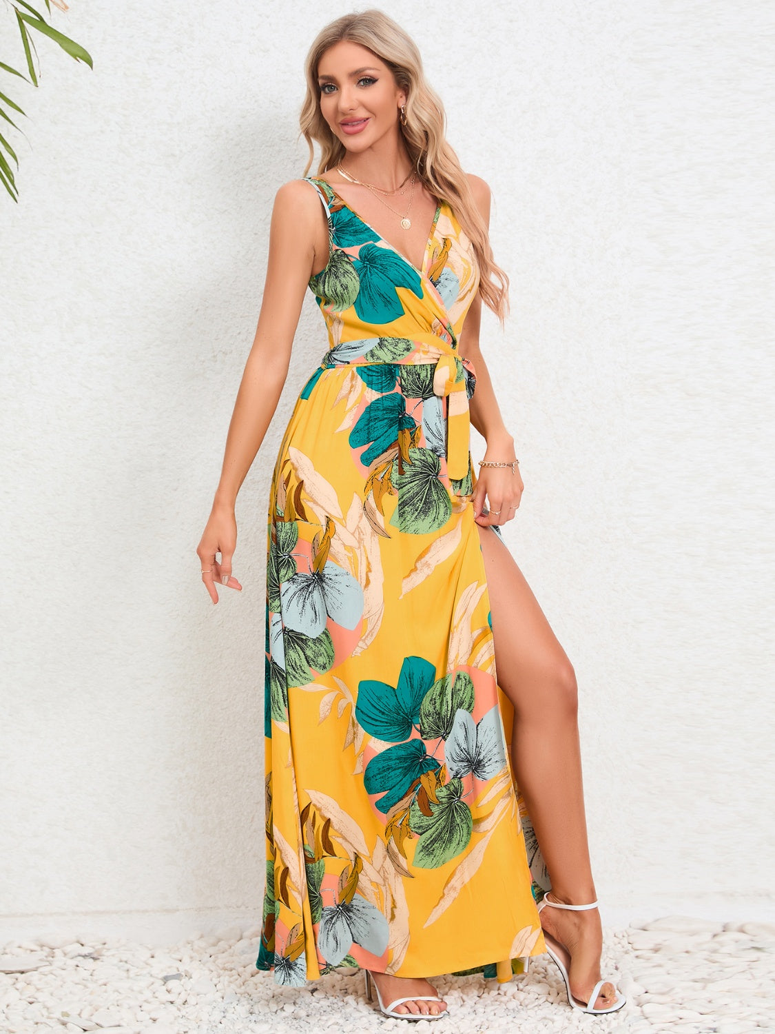 Amrit Slit Tied Printed Surplice Dress