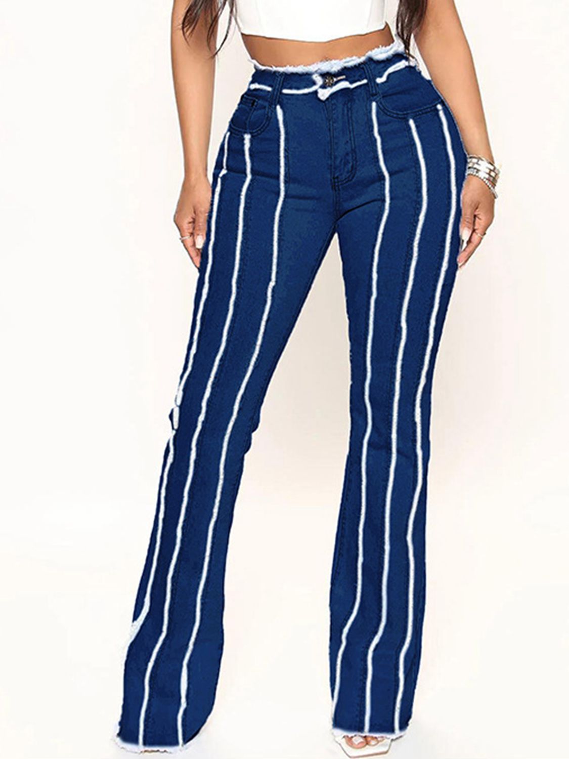 Arie Striped Raw Hem Jeans