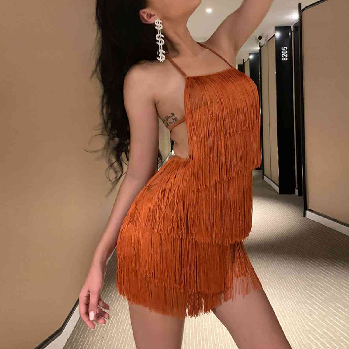 Eliza Flair Fringed Halter Back Mini Dress