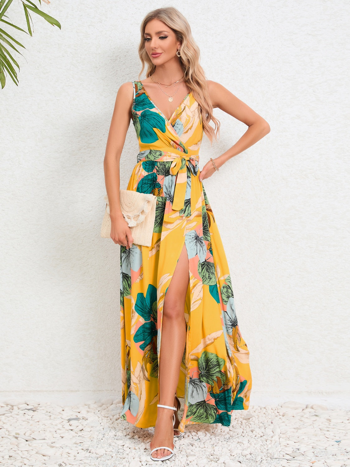 Amrit Slit Tied Printed Surplice Dress