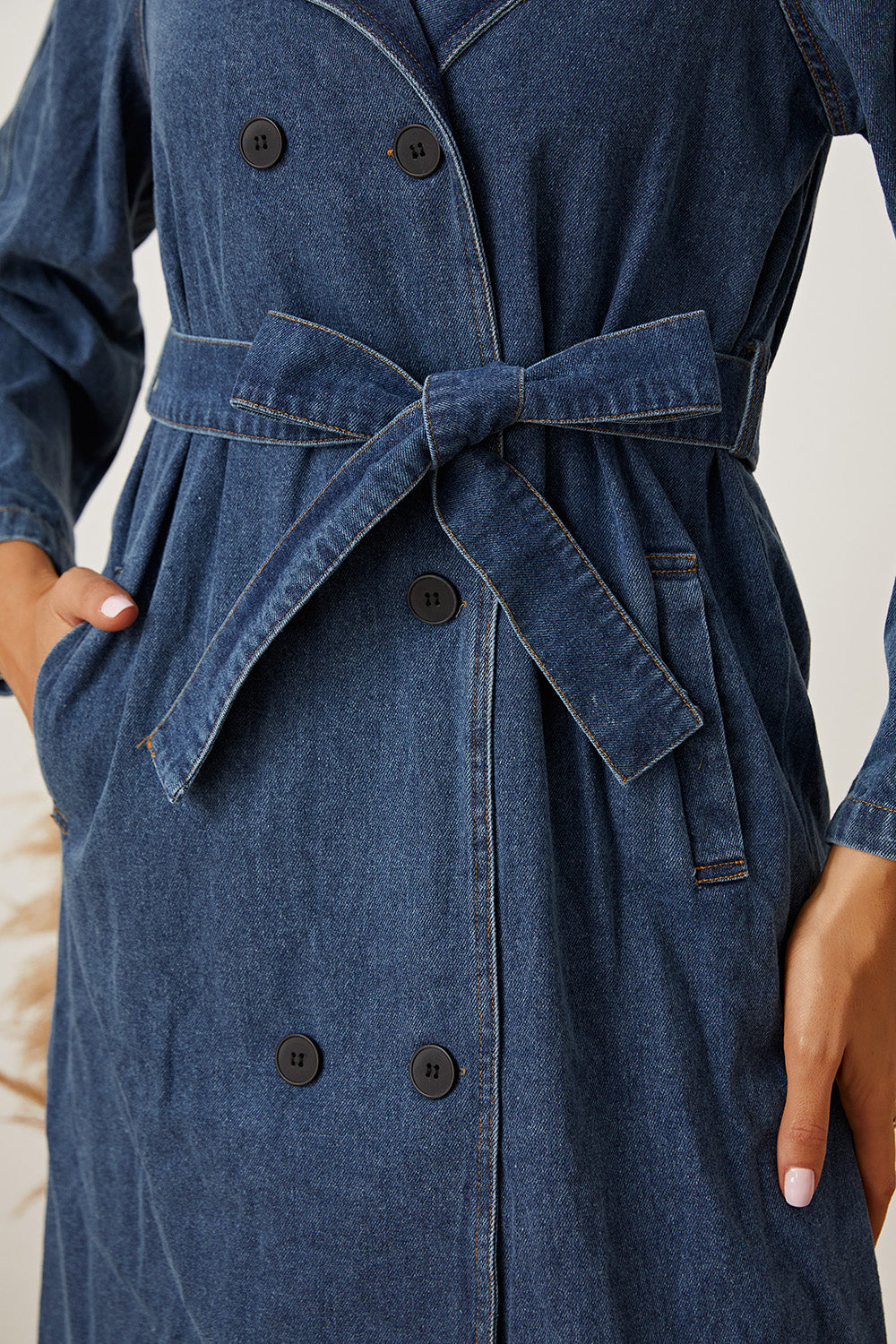 Elara Double-Breasted Belted Longline Denim Jacket