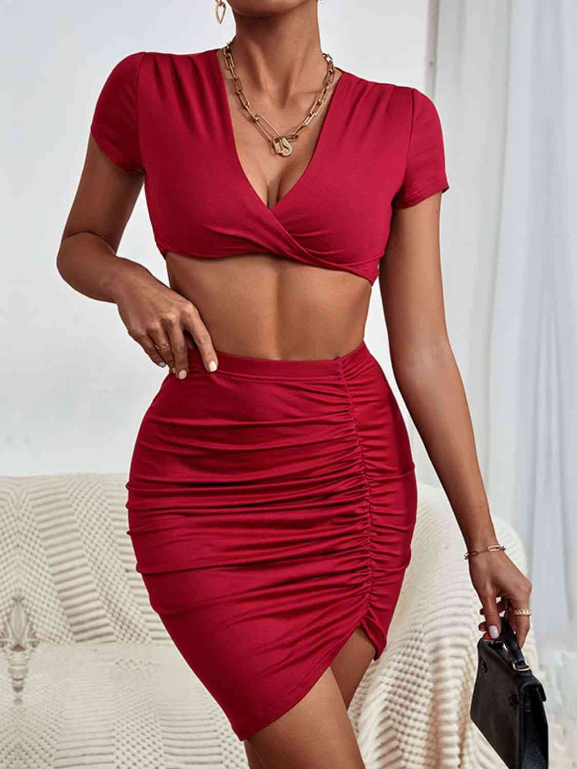 Yohana Twisted Deep V Cropped Top and Ruched Skirt Set