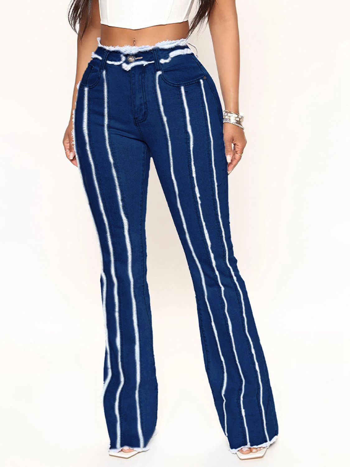 Arie Striped Raw Hem Jeans