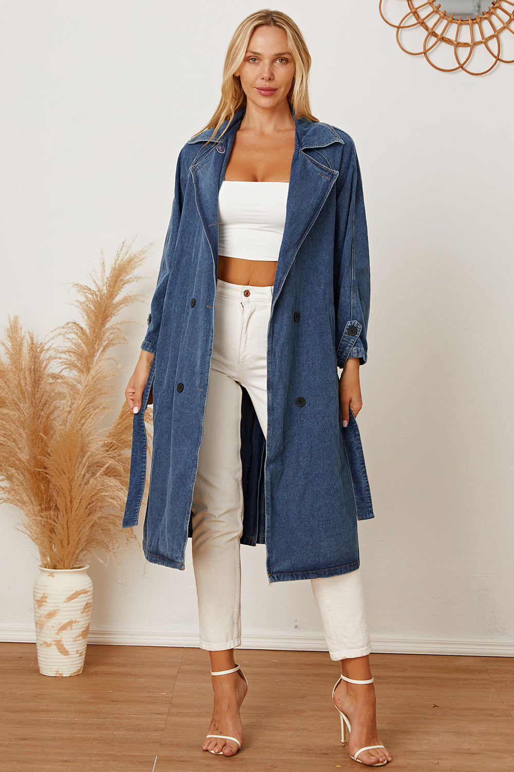 Elara Double-Breasted Belted Longline Denim Jacket