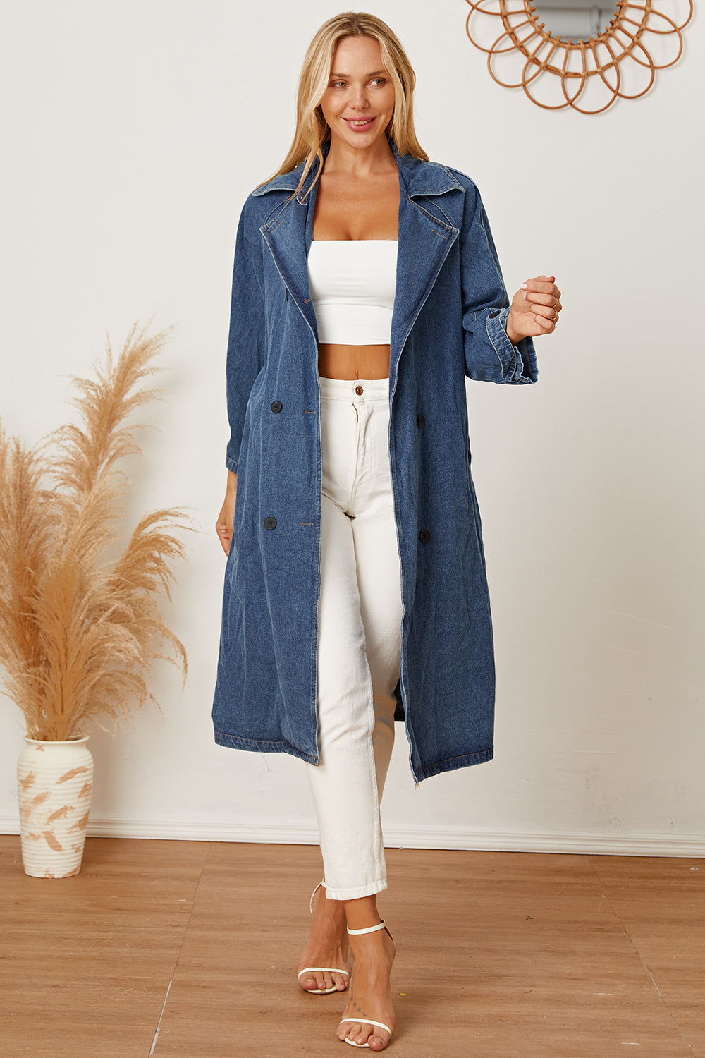 Elara Double-Breasted Belted Longline Denim Jacket